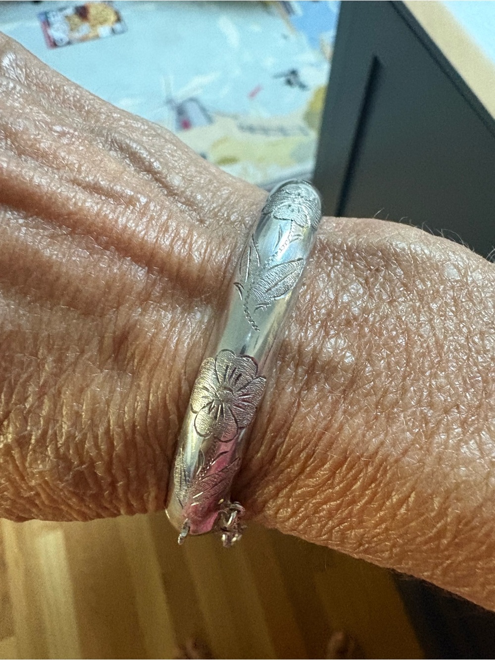 Engraved Floral Sterling Silver Bangle Bracelet